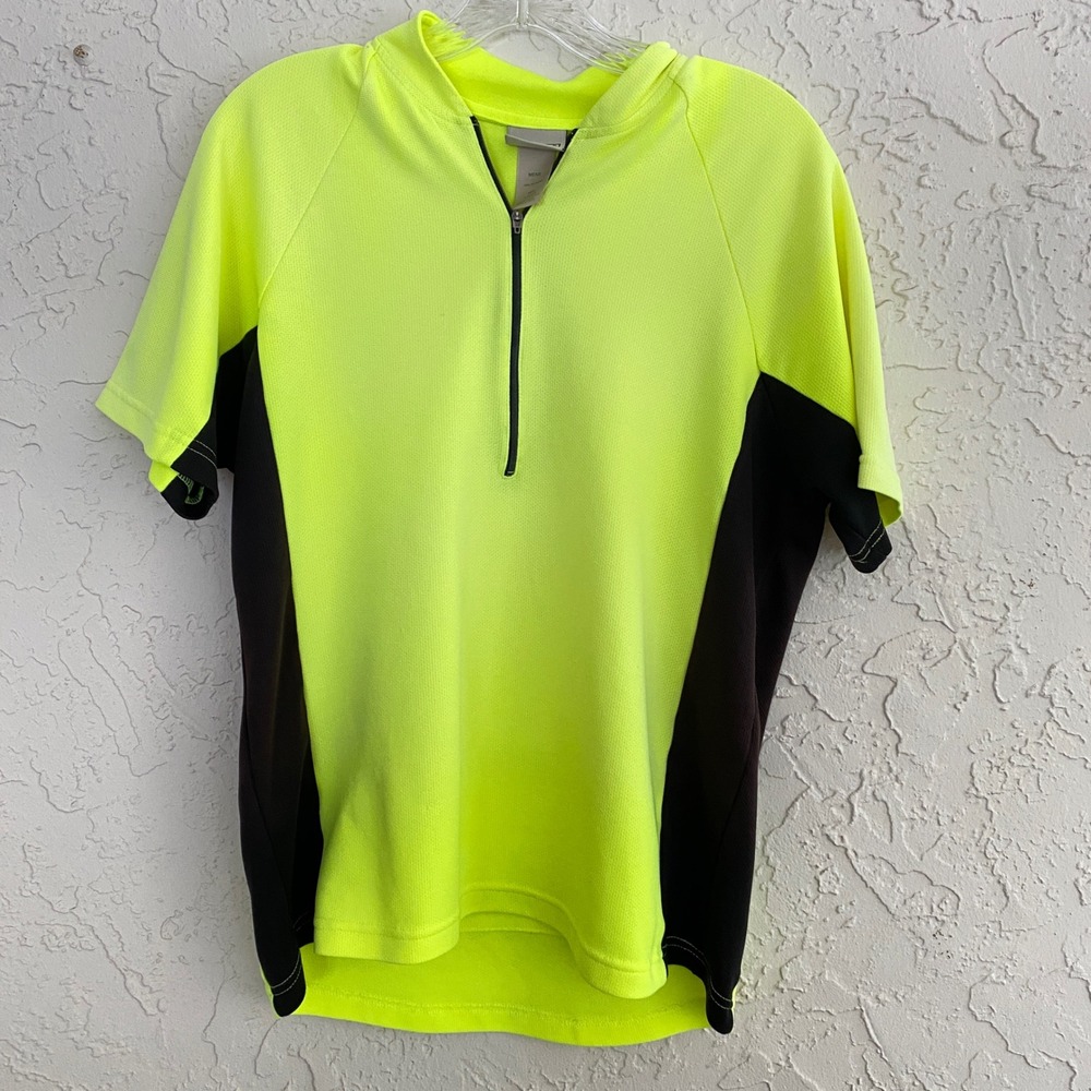 LL Bean Cycling Jersey Mens Medium Neon Yellow Black Quarter Zip Short Sleeve